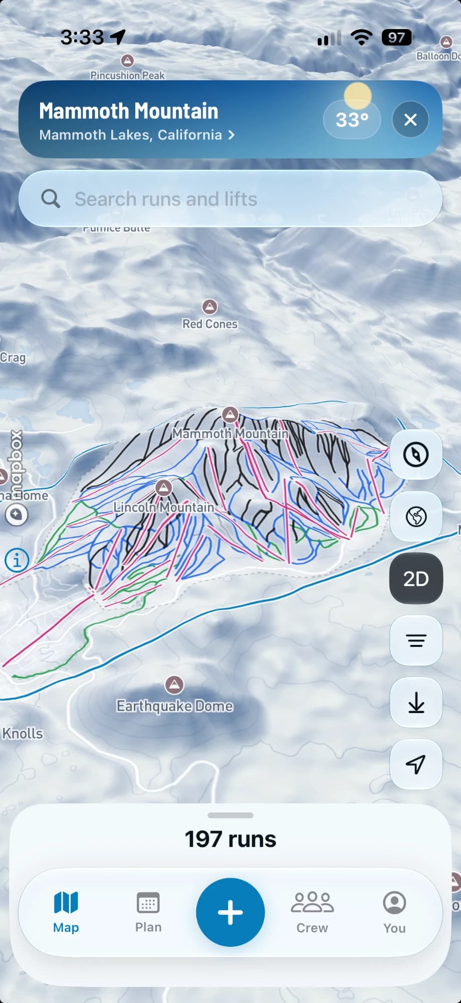 SnowPal showing a 3D trail map of Mammoth Mountain with runs and lifts